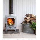 Einleitung. Text: Holzofen leicht anzuzünden, gibt viel Wärme. Holz stapelt sich in Metallwanne. Brennender Ofen auf Matte.