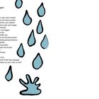 Ein Gedicht stellt Vergleiche mit Zahlen an. Gezeichnete Regentropfen, ein Regenschirm und eine Pfütze sind vorhanden.