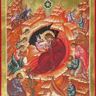 In der Illustration steht oben "CHRISTI GEBURT". Sie zeigt die Geburtsszene mit Maria, dem Kind und Figuren in leuchtenden Farben.