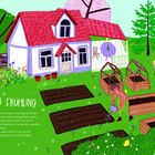 "ES WIRD FRÜHLING" steht oben. Darstellung eines Gartens mit einem Haus, Beeten, Bäumen und einer Person, die gießt.