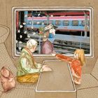 Aufschrift auf Zug: „680“. Eine Illustration zeigt eine Frau mit Blumenhut draußen, ein Kind und erwachsener Mann im Zug.