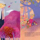 Links: Text über Rückkehr des Riesen. Rechts: Kinder spielen im Garten, Riese beobachtet sie verärgert. Farbig und kindlich.