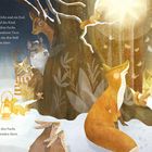 Ein Fuchs und Tiere lauschen einem leuchtenden Stern im Wald. Ein kleines Eichhörnchen sitzt auf einem Baum und schaut zu.