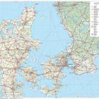 "København", "Hamburg", "Berlin"; Detailreiche Straßenkarte von Dänemark und Umgebung, mit Städten und Routen.