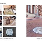 "Made in India" und "Amsterdam 2010". Verschiedene Schritte der Kanaldeckelherstellung und ein Kanaldeckel auf einer Straße.