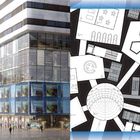 Links an der Seite steht "17.G.128.MG.EV08. 17/38", rechts sind Architekturpläne mit kreis- und sechseckigen Formen. Links ein modernes Gebäude.