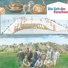 „Die Zeit der Forschung“, antike Gefäße oben, geologische Schichten in der Mitte, Gruppe von Menschen in Landschaft unten.