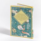 Text in einem gelben Rautenmuster: Beschreibung von "Der kleine Prinz". Illustrationen mit Sternen, Figuren und Objekten.