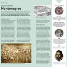 Texte: "Einführung Die Geschichte Montenegros", "Frühe Besiedlung", "Der neue Staat der Slawen", "Die Fürstbischöfe". Links Bild von Römern im Kampf; rechts historische Ereignisse.