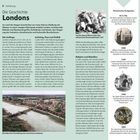 Text: "Die Geschichte Londons", "Die Anfänge", "Aufstieg, Pest und Politik", "Religion und Rebellion", "Historische Ereignisse". Zwei Illustrationen zeigen historische Szenen.