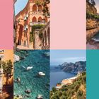 Oben links rosa Fläche, Mitte: orange Gebäude, rechts: Bucht mit Brücke. Unten: Terrasse, Boote im Meer, Küstenlandschaft.