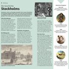 "Die Geschichte Stockholms" beschreibt die Entwicklung von frühen Siedlungen über die Wikingerzeit bis zur Moderne, illustriert mit historischen Abbildungen.
