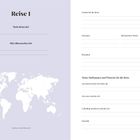 Reise 1, Mein Reiseziel, Hier übernachte ich, Gründe, Zeitraum, Hoffnungen, Weltkarte unten links, Notizlinien.