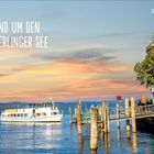 "Rund um den Überlinger See. Schiffsverkehr zwischen den Orten des Überlinger Sees." Ein Boot am Steg bei Sonnenuntergang.