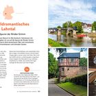 **Wildromantisches Lahntal** - Auf den Spuren der Brüder Grimm. Oben: Fluss mit Brücke, Schloss im Hintergrund. Unten: Fachwerkhaus, Kanufahrt mit Hund.
