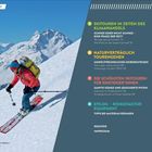 Inhaltsübersicht mit Themen zu Skitouren und Klimawandel. Person beim Skifahren, schneebedeckte Berge im Hintergrund.
