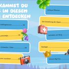 "Das kannst du alles in diesem Buch entdecken." Bunte Boxen mit Texten und Naturillustrationen in einer Berglandschaft.
