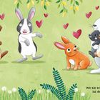 Texte: "Alle meine Häschen waren voll dabei, waren voll dabei. Wo sie schließlich landen, ist doch einerlei." Illustration: Hasen tanzen und kuscheln fröhlich im grünen Wald mit Herz-Symbolen in der Luft.