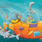 Text: Ein Schweinswal beruhigt eine kleine Qualle, ein riesiger Quallenschwarm nähert sich freudig einem bunten U-Boot.