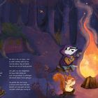 Ein in bunten Farben gemaltes Lagerfeuer mit Tieren, die musizieren und singen. Taillierte Bäume im Hintergrund.