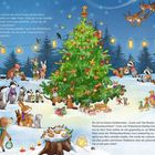 Ein festlich geschmückter Wald mit einem Weihnachtsbaum, umgeben von fröhlichen Tieren, Kerzen und Lichtern.