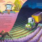 Zwei Traktoren mit Gesichtern reden und arbeiten auf einem Lavendelfeld. Ein Hase springt durchs Feld.