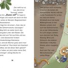 Seite 38: Text über Wurfel und Paul in einem Tunnelsystem. Illustration: Zwei Figuren rutschen, Regenwurm und Glühwürmchen.