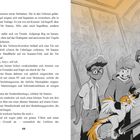 Links ist ein Buchtext über eine Tür mit "Zutritt für Unbefugte verboten." Rechts eine schwarz-weiße Illustration mit drei Personen und einem Vogel.