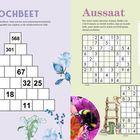 Überschriften: "HOCHBEET" und "Aussaat". Pyramidenrätsel links, Sudoku rechts, mit Blumenillustrationen und einer Biene.
