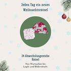 "Jeden Tag ein neues Weihnachtsrätsel. 24 Abwechslungsreiche Rätsel." Darunter ein Kugelschablone und ein Rätselgitter. Schneeflocken und Kugeln.