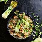 Eine Schüssel mit Reis, Tofuwürfeln, Frühlingszwiebeln und Pak Choi, umgeben von frischem Koriander auf dunklem Hintergrund.