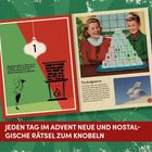 Logo-Text: "Jeden Tag im Advent neue und nostalgische Rätsel zum Knobeln."  
Linke Seite: Kamin mit einer Figur, humorvoller Text und Ornament mit "1".  
Rechte Seite: Zwei Personen mit Eisskulpturen-Puzzle.