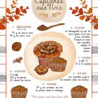 Rezept für "Cupcakes aux Noix". Zutaten und Schritte: Mischen, Hinzufügen, Gießen, Füllen, Backen, Glasieren. Illustration.