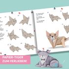 "PAPIER-TIGER ZUM VERLIEBEN!" steht auf einem rosa Hintergrund. Origami-Anleitung einer Katze sowie illustrativ dargestellte Katzen.