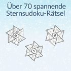 Text: "Über 70 spannende Sternsudoku-Rätsel". Drei sternförmige Sudokus auf einem hellblauen Hintergrund mit Schneeflocken.