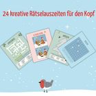 24 kreative Rätselauszeiten für den Kopf. Vier Rätselblätter mit Themen wie Sudoku, Wortsuchen, illustriert mit Wintermotiven.