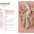 "Kuschelhase" beschreibt eine Strickanleitung mit Materialliste und Anleitungsschritten. Daneben ein gestricktes Häschen.