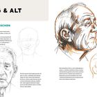 "JUNG & ALT" oben links. Text beschreibt das Zeichnen älterer Gesichter. Links Skizze eines älteren Mannes, rechts profilierte Skizzen.
