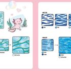 Texte „Wasser“, „Wellen“, „Himmelsleuchten“ mit Farbcodes. Illustration eines Axolotl links. Anleitung mit Farbverläufen.
