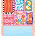 Oben Text: "Happy", links unten: "Love", bunte Muster mit Blumen, Wellen, Herzen und Zitronen.