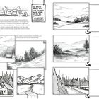 "Stile testen", Zitat von Picasso: "Ich mache immer das, was ich noch nicht kann, um es zu lernen." Skizzen von Landschaften.