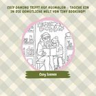 Text beschreibt "Cosy Gaming trifft auf Ausmalen". Illustration zeigt zwei Menschen beim Lesen. Umgeben von Regalen mit Büchern.