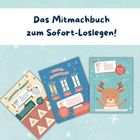 "Das Mitmachbuch zum Sofort-Loslegen!" Drei Seiten: Lebkuchen-Mandala, Wichtel-Fingerturnen, Rentier mit Schal.