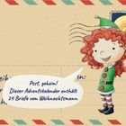 "Psst, geheim! Dieser Adventskalender enthält 24 Briefe vom Weihnachtsmann." Illustration: Ein Elf mit lockigem Haar.