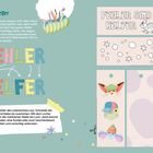 "Fehler sind Helfer" steht mehrfach. Zeichnungen eines Chamäleons, Lesezeichen, tierische Charaktere, Buntstifte und Bücher.