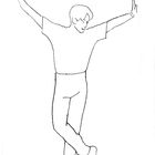 Strichzeichnung eines tanzenden Mannes. Er hat die Arme erhoben und steht auf einem Bein.