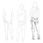 Drei Stufen eines Zeichnungsprozesses einer Frau in Jeans und Pullover, von Skizze bis detaillierte Zeichnung.