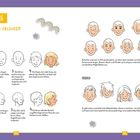 Text: "KOPFSACHE GESICHTER & FRISUREN." Illustrationen von verschiedenen Gesichtern und Frisuren mit Anleitung zum Zeichnen.