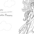 "Mädchen mit Träumen werden visionäre Frauen." Illustration: Mädchen mit Kopfhörern, Haare wehen, Wolken im Hintergrund.