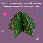 Dank Klettverschluss lässt sich dein Buch zu einem Tannenbaum verbinden. Illustration eines grünen, dekorierten Baums.